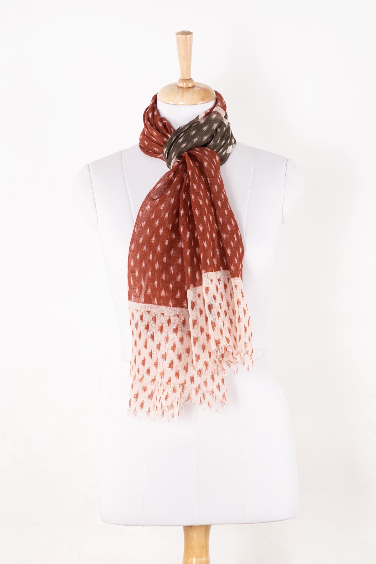SVEZE Hazy Brush Print Linen Cotton Scarf - Terracotta Grey White - Regular Drape