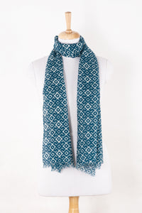 Sveze - Tribal Tile Print Linen Cotton Scarf - Teal - Regular Drape