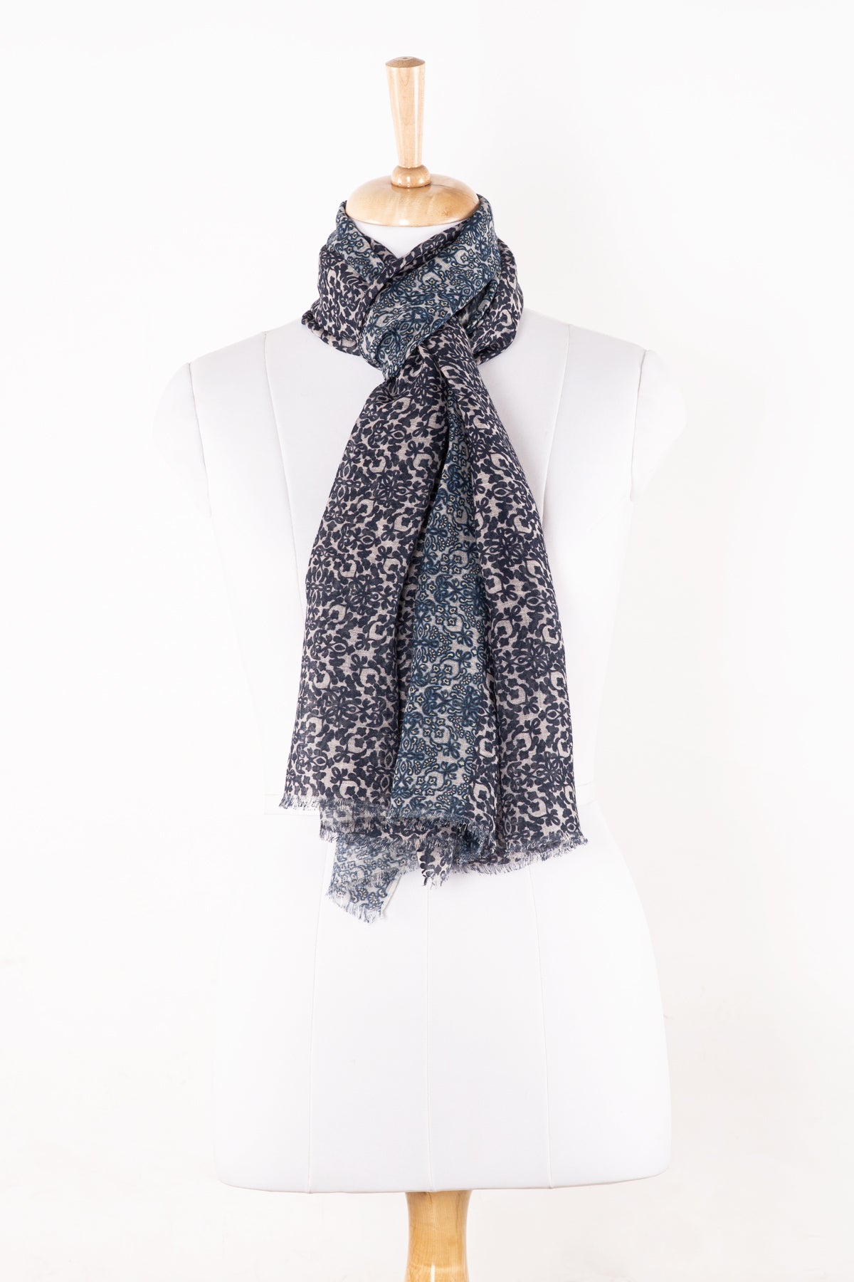 SVEZE Floral Tile Print Linen Cotton Scarf - Navy Cement - Regular Drape