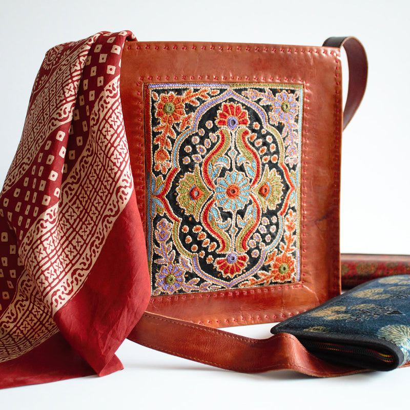 Intricate Embroidery Camel Leather Handbag