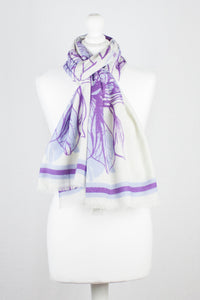 Cynthia Floral Print Merino Wool Scarf - Off White Violet