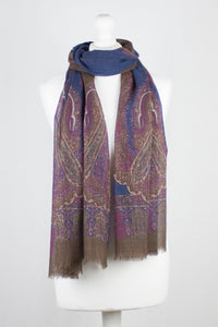 Persian Paisley Print Merino Wool Scarf - Navy Magenta Brown