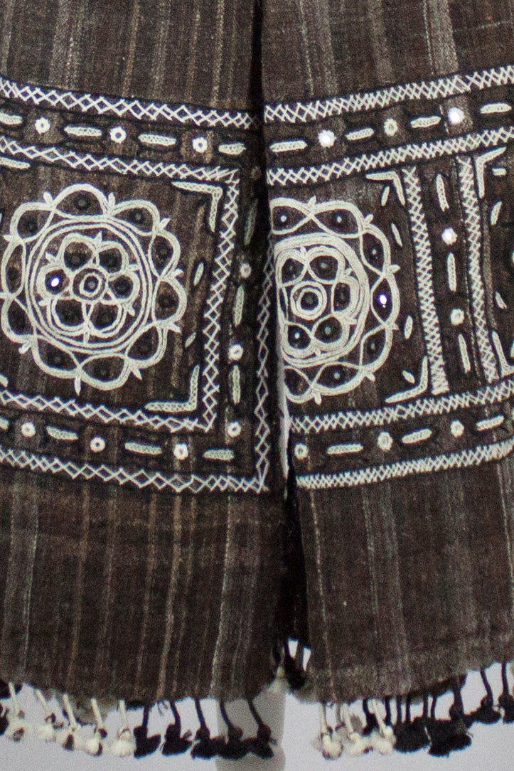 Handspun Handwoven Rabari Embroidered Wool Shawl - Brown