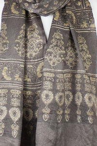 Ditsy Flower Ajrakh Print Silk Scarf - Brown Yellow
