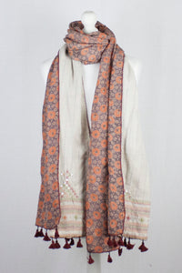 Double Sided Ajrakh Print Silk and Woolen Embroidered Scarf - Orange Off White