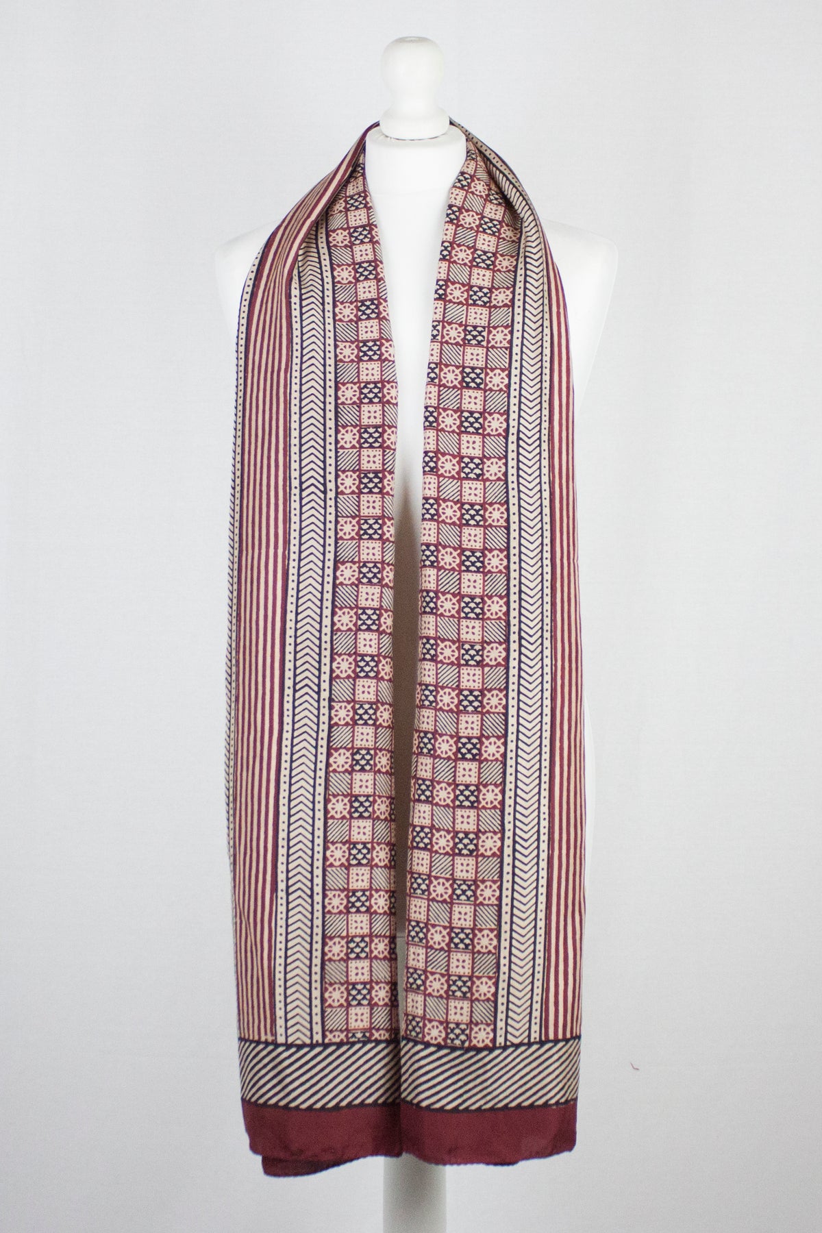 Checks & Stripes Bagh Hand-block Print Silk Scarf - Red