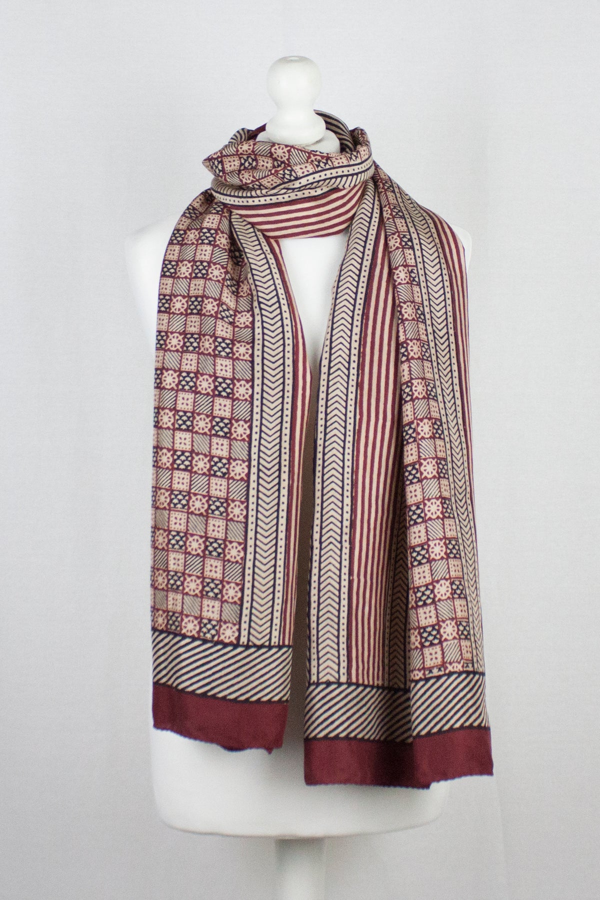 Checks & Stripes Bagh Hand-block Print Silk Scarf - Red