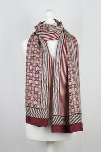 Checks & Stripes Bagh Hand-block Print Silk Scarf - Red