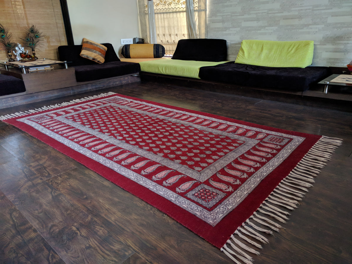 Traditional Paisley Jaal & Border Hand-block Print Rug - Red White