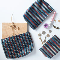 Ajrakh Hand-block Print Pouch Set of 3 - Blue Black Stripes