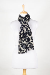 Buds and Flowers Merino Wool Scarf - Black White